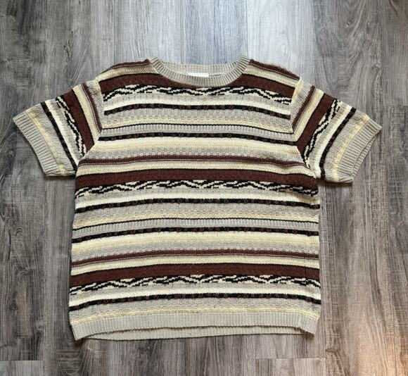 Lane Sweaters - Vintage 90s Cricket Lane Petites L Striped Knit Short Sleeve Sweater